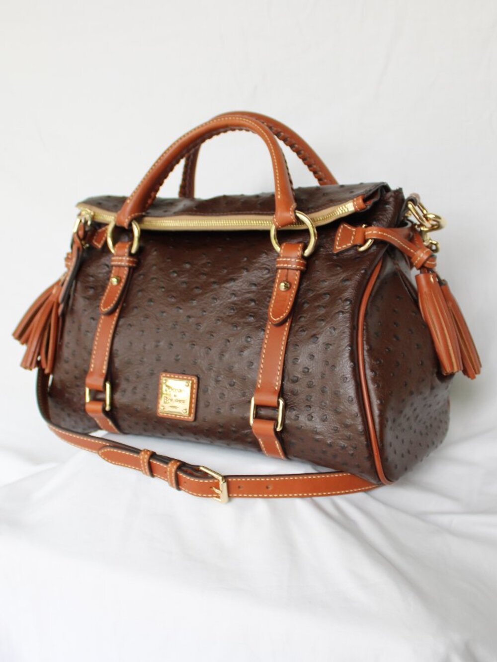 Dooney & Bourke Ostrich brown satchel leather Florentine tassel purse crossbody - Picture 3 of 12
